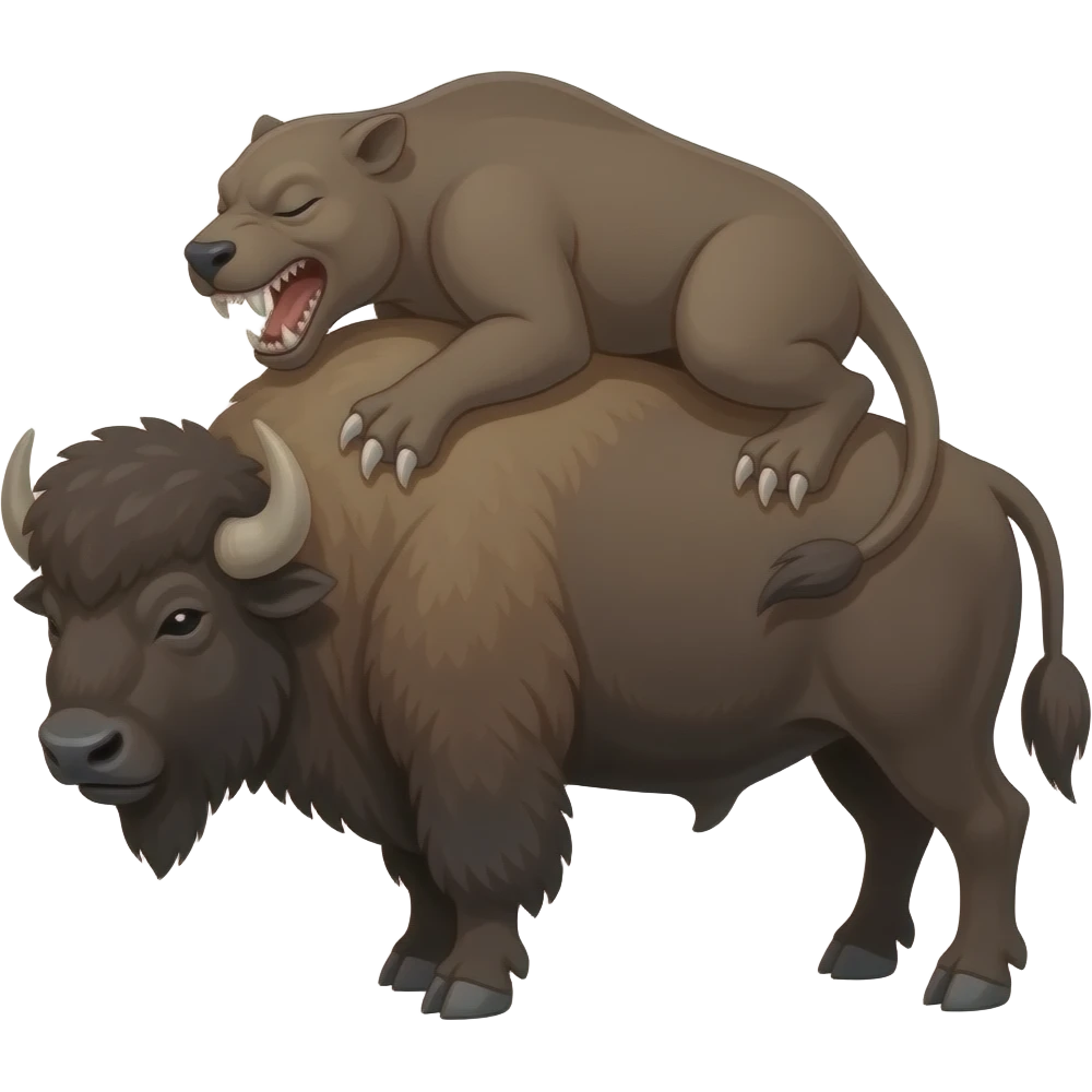Smilodon with eyes closed very hard teeth body on bison back cr emoji