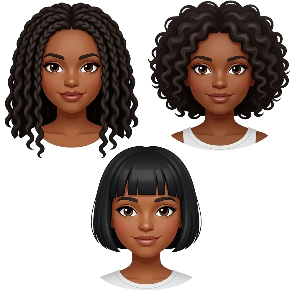 3 black sisters only. One with longer locs, other with curly hair and one with shortest pixie cut emoji