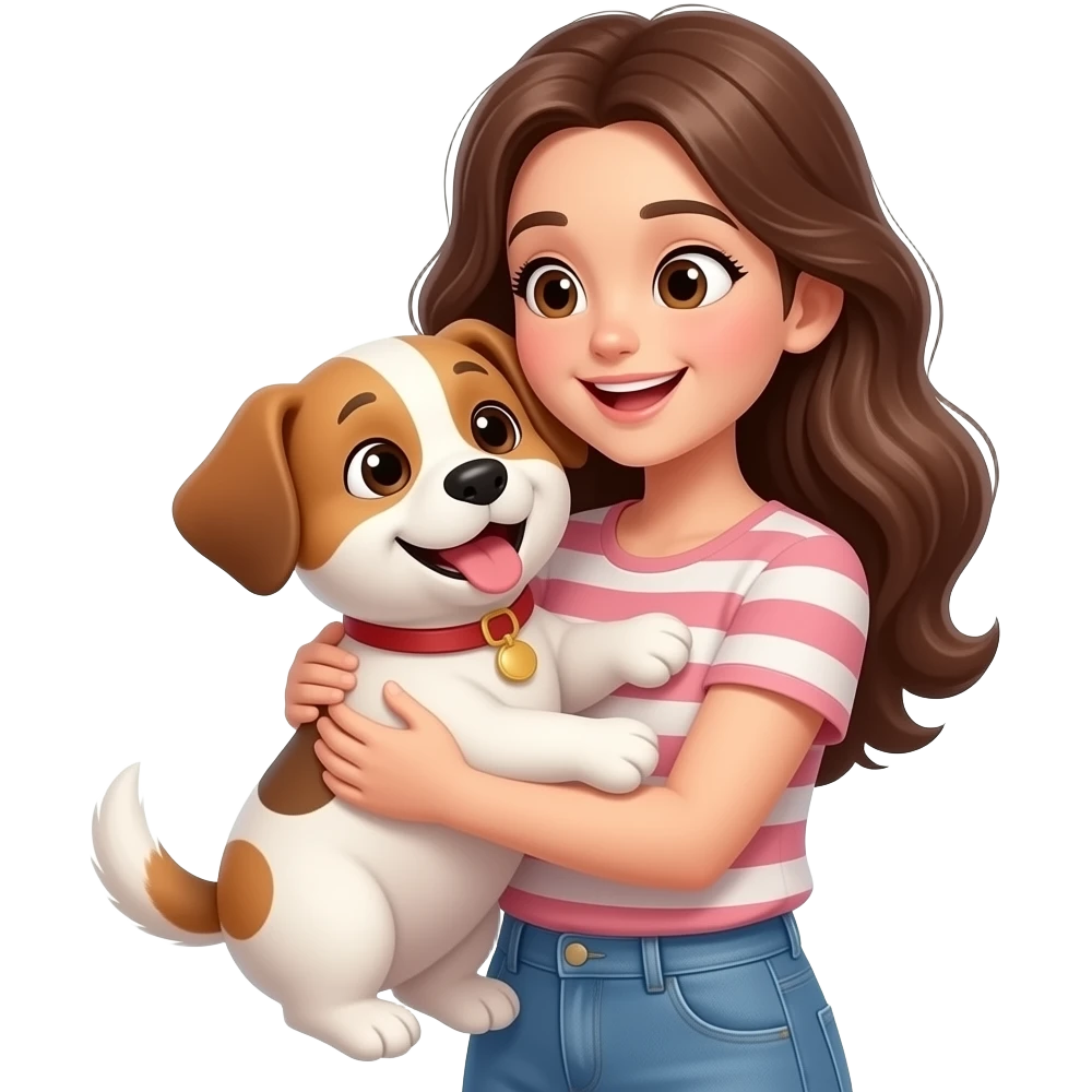 “Una mujer joven abrazando a un perro pequeño y hablándole de forma tierna como si fuera un bebé. Ella tiene una expresión exageradamente cariñosa y el perro la mira feliz y se miran felices. Ambiente cálido, divertido y tierno.” emoji