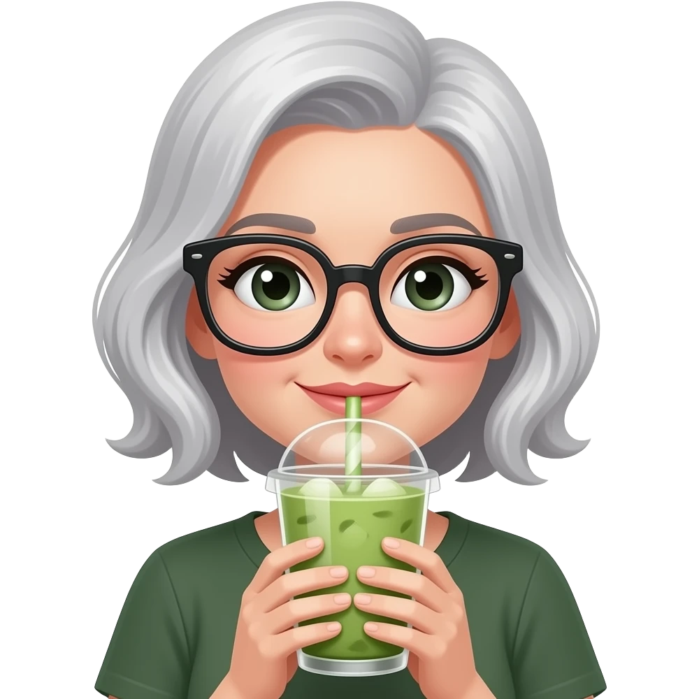 gray haired beautiful lady drinking a large iced matcha, wearing big glasses emoji