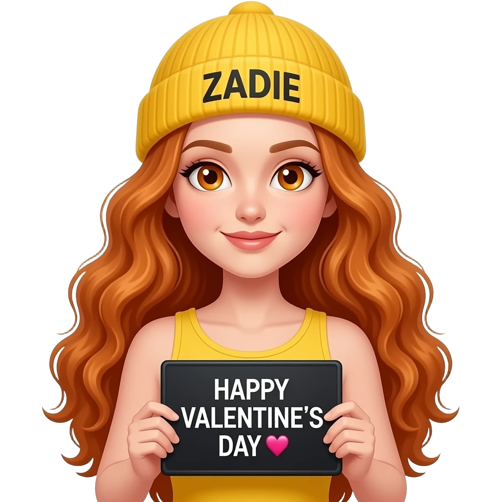 sexy girl with overlong wavy ginger hair and ginger eyes wearing a yellow tanktop and a yellow beanie with ZADIE written on it, is holding a black sign with just HAPPY VALENTINE'S DAY  💗 on it emoji