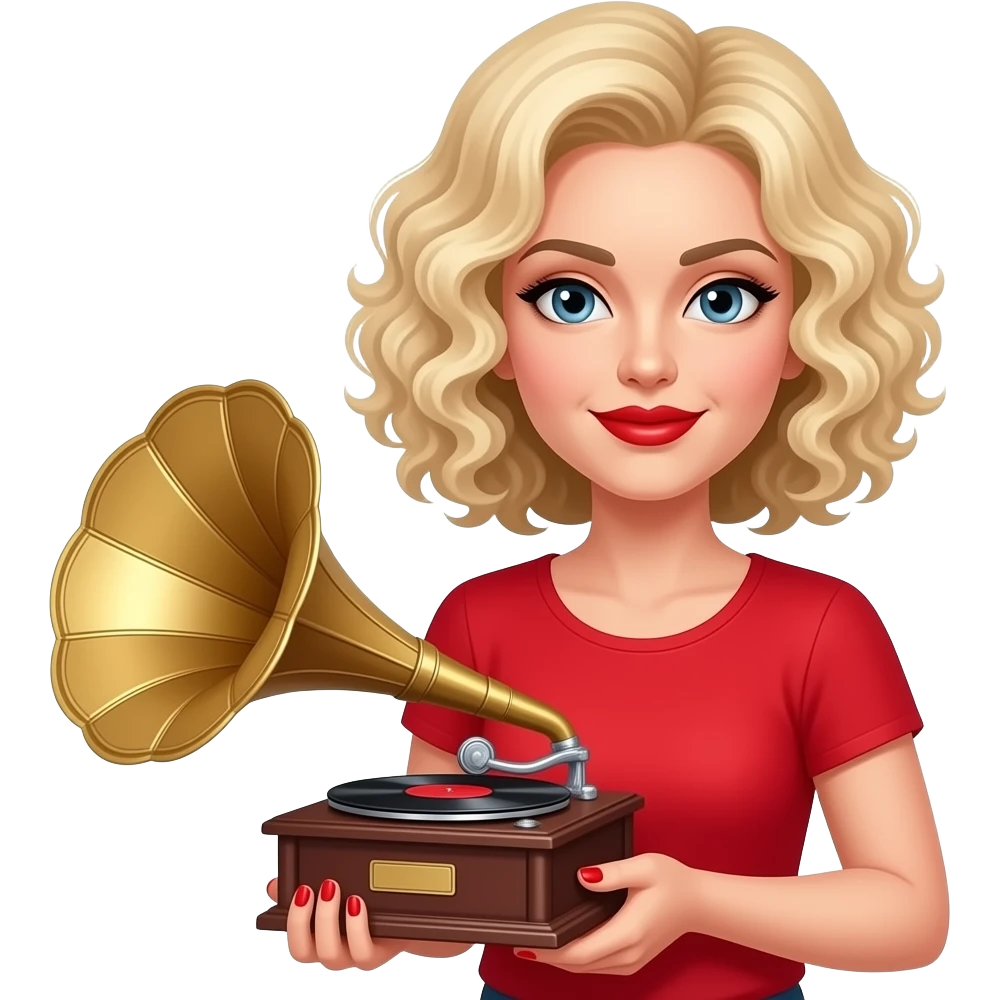 above neck Short blonde curly hair holding a victrola with red nails, in a red short sleeve shirt, red lipstick, black eyebrows emoji
