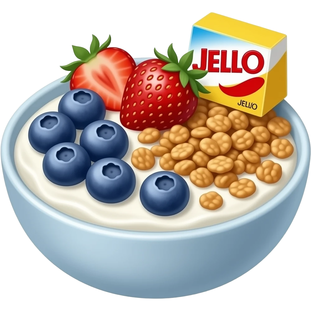 Yogurt bowl with berries and granola and a tiny little yellow Jell-O pudding box at the top right emoji
