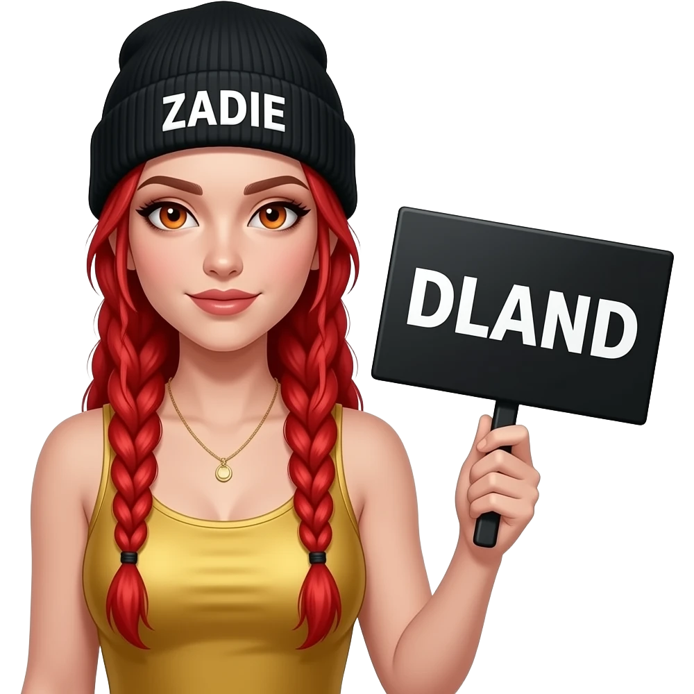 sexy girl with overlong neon red braids and ginger eyes wearing a gold tanktop and a black beanie with ZADIE written on it, is holding a black sign with DLAND written on it emoji