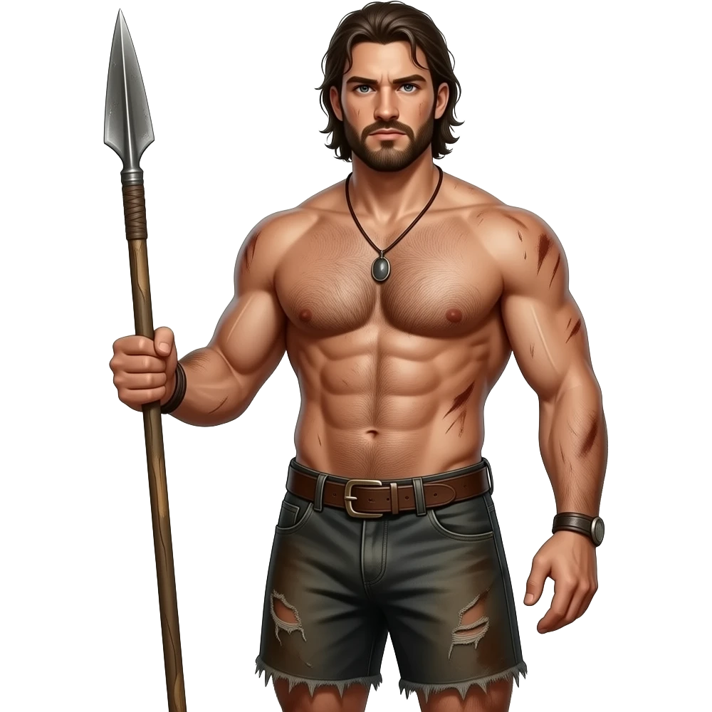 Erstelle ein Portrait von einem nackten, sexy und behaarten, wilden Mann  mit ländenshorts und einem Speer in der Hand  …seine Haut  ist dreckig und verschwitzt emoji