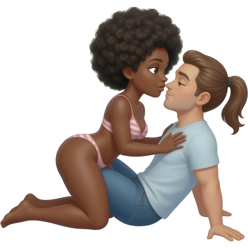 A black woman with black hair color Afro having sex with white man with brown hair pony tail in missionary position emoji