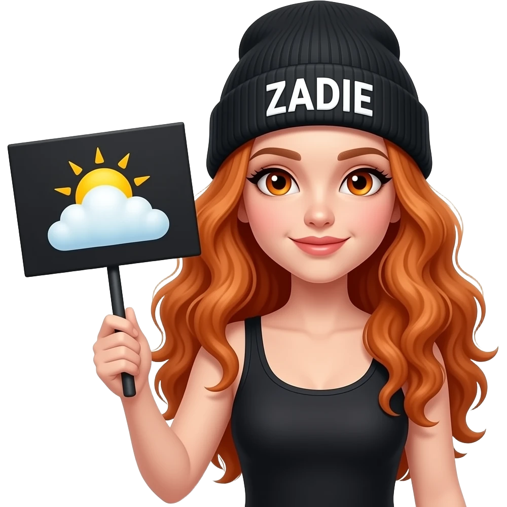 sexy girl with overlong wavy ginger hair and ginger eyes wearing a black tanktop and a black beanie with ZADIE written on it, is holding a black sign with 🌤️ on it emoji