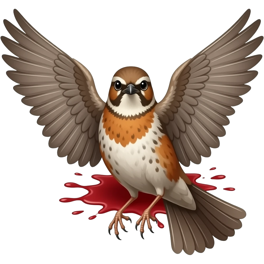 A 2D render iPhone emoji icon of a detailed Brown and red color 3D Render iPhone emoji png of a songbird pinned up with its wings sprawled out and mangled and blood underneath the bird emoji