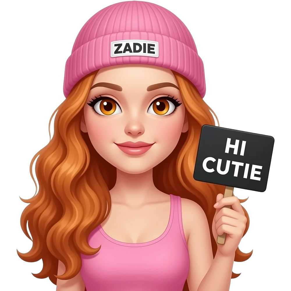 sexy girl with overlong wavy ginger hair and ginger eyes wearing a pink tanktop and a pink beanie with ZADIE written on it, is holding a black sign with HI CUTIE written on it emoji