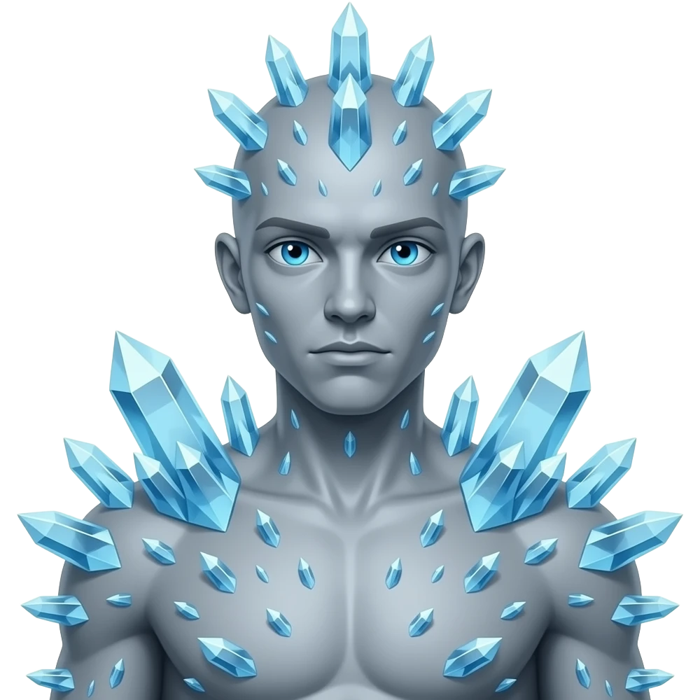 Weird Crystal humanoid thing with crystals growing on its back in glowing blue eyes with a gray body with a growing h emoji