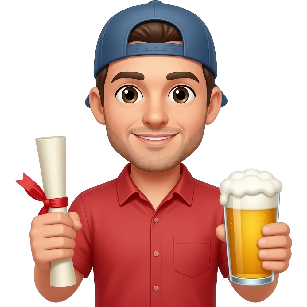 Brunette man no beard backwards hat red shirt diploma and beer emoji