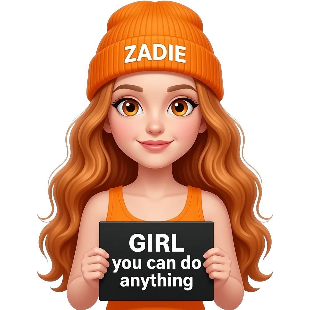 sexy girl with overlong wavy ginger hair and ginger eyes wearing a orange tanktop and a orange beanie with ZADIE written on it, is holding a black sign with GIRL you can do anything written on it emoji
