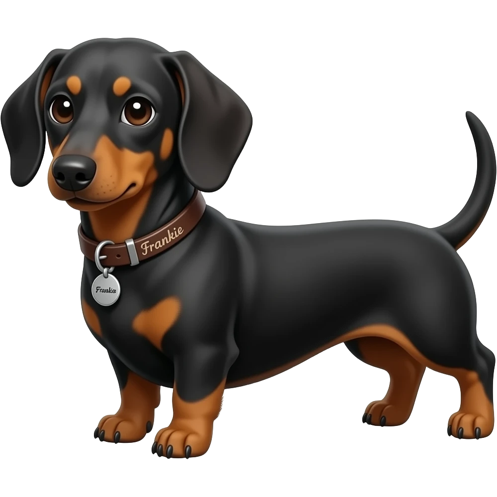 brown and black dachshund with a collar that says "Frankie" emoji