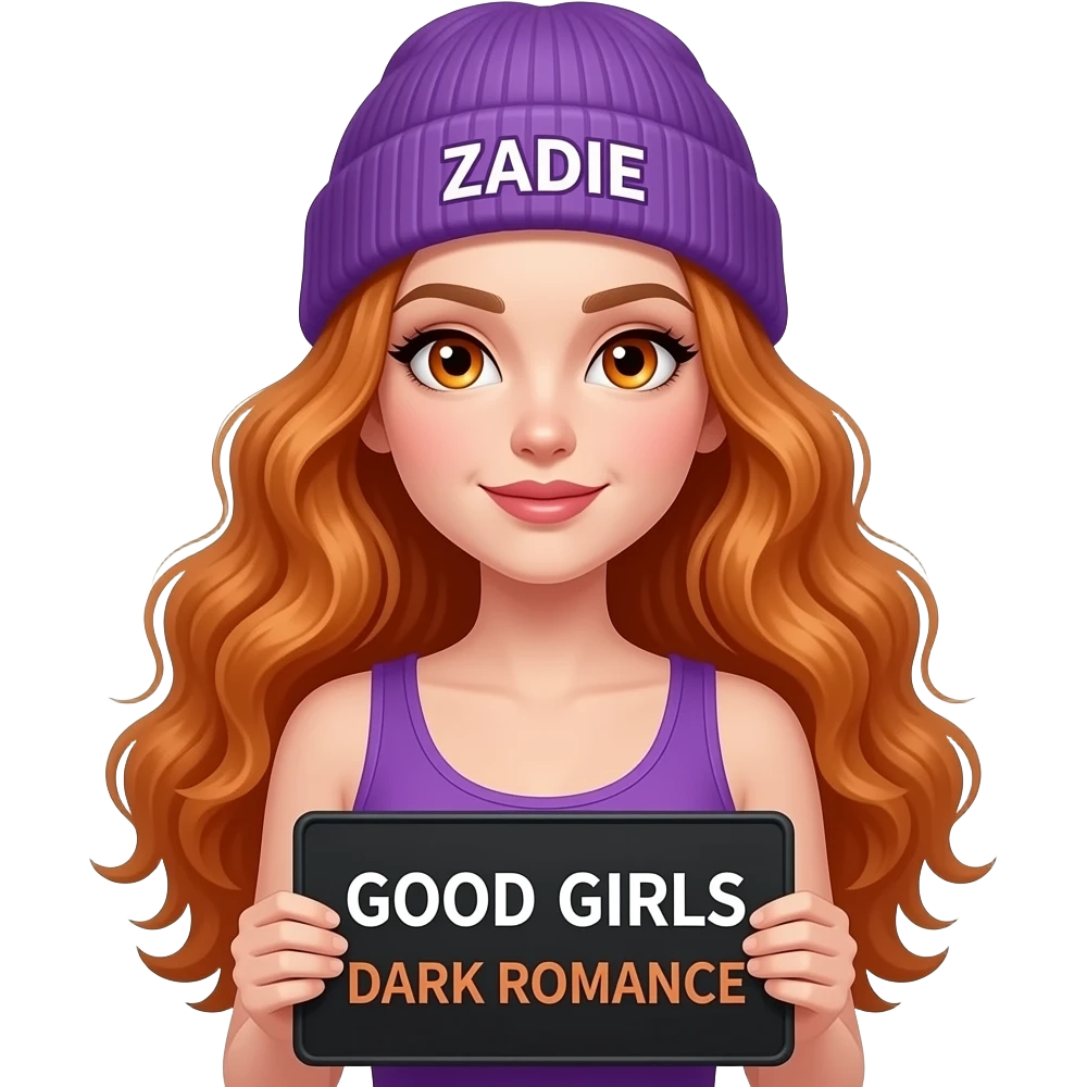 sexy girl with overlong wavy ginger hair and ginger eyes wearing a purple tanktop and a purple beanie with ZADIE written on it, is holding a black sign with GOOD GIRLS read DARK ROMANCE written on it emoji
