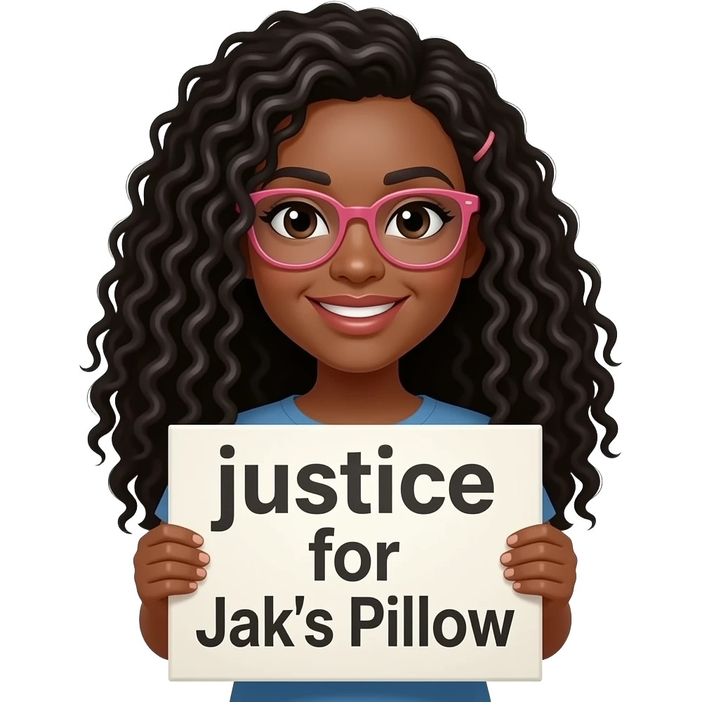 A curvy black pale light skinned woman with long curly hair with a side part, and pink glasses, and holding a sign that says "justice for Jak's Pillow" emoji