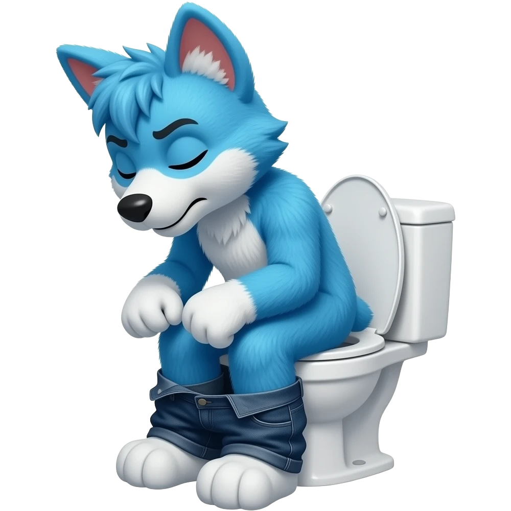 blue fursuit sitting on toilet, side view , pants down, pushing, eyes closed, straining face, emoji