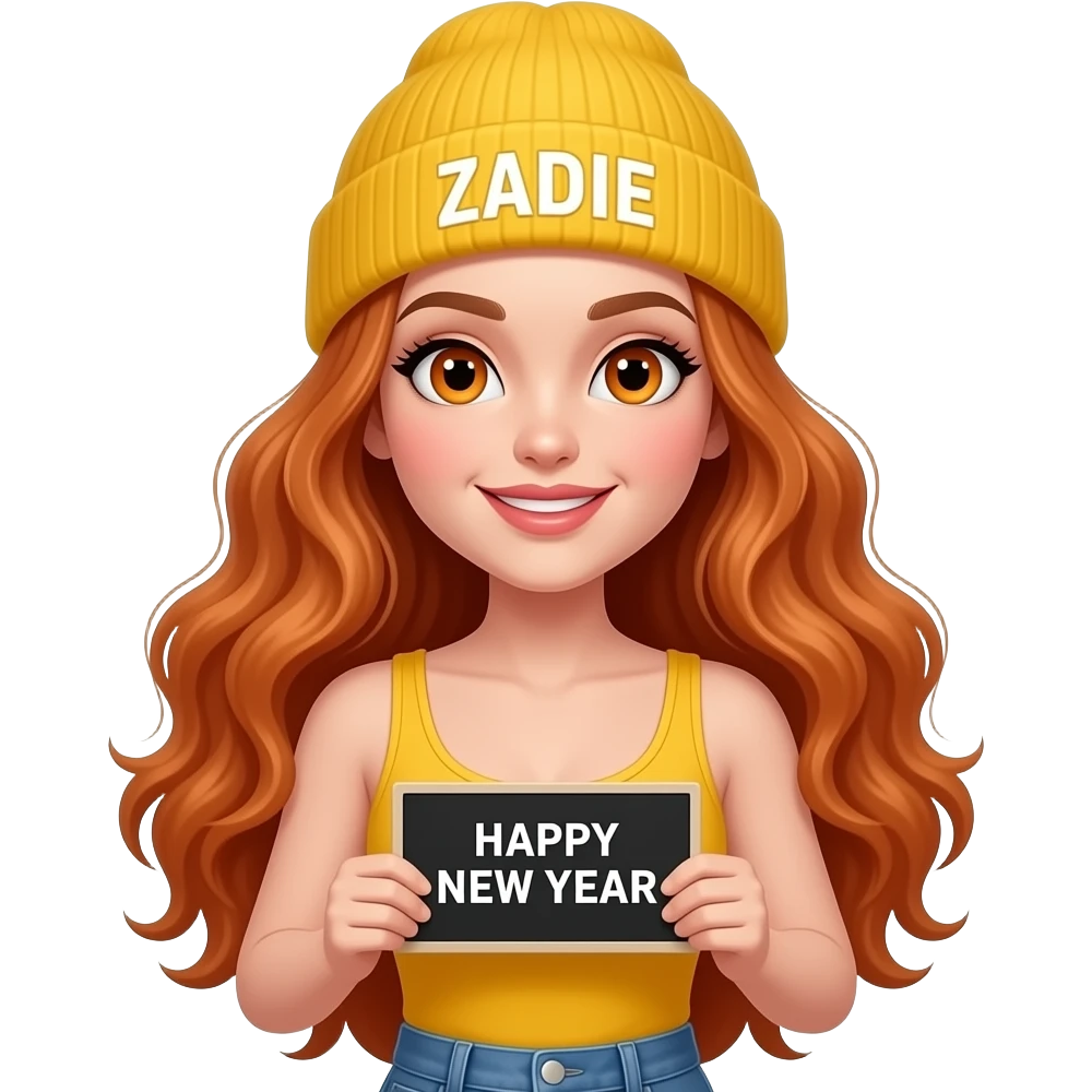 sexy girl with overlong wavy ginger hair and ginger eyes wearing a yellow tanktop and a yellow beanie with ZADIE written on it, is holding a black sign with just HAPPY NEW YEAR on it emoji