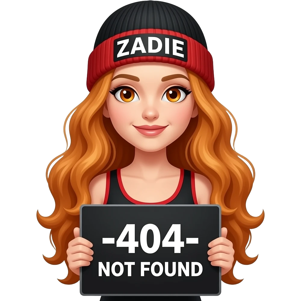 sexy girl with overlong wavy ginger hair and ginger eyes wearing a black red tanktop and a black red beanie with ZADIE written on it, is holding a black sign with -404- NOT FOUND written on it emoji