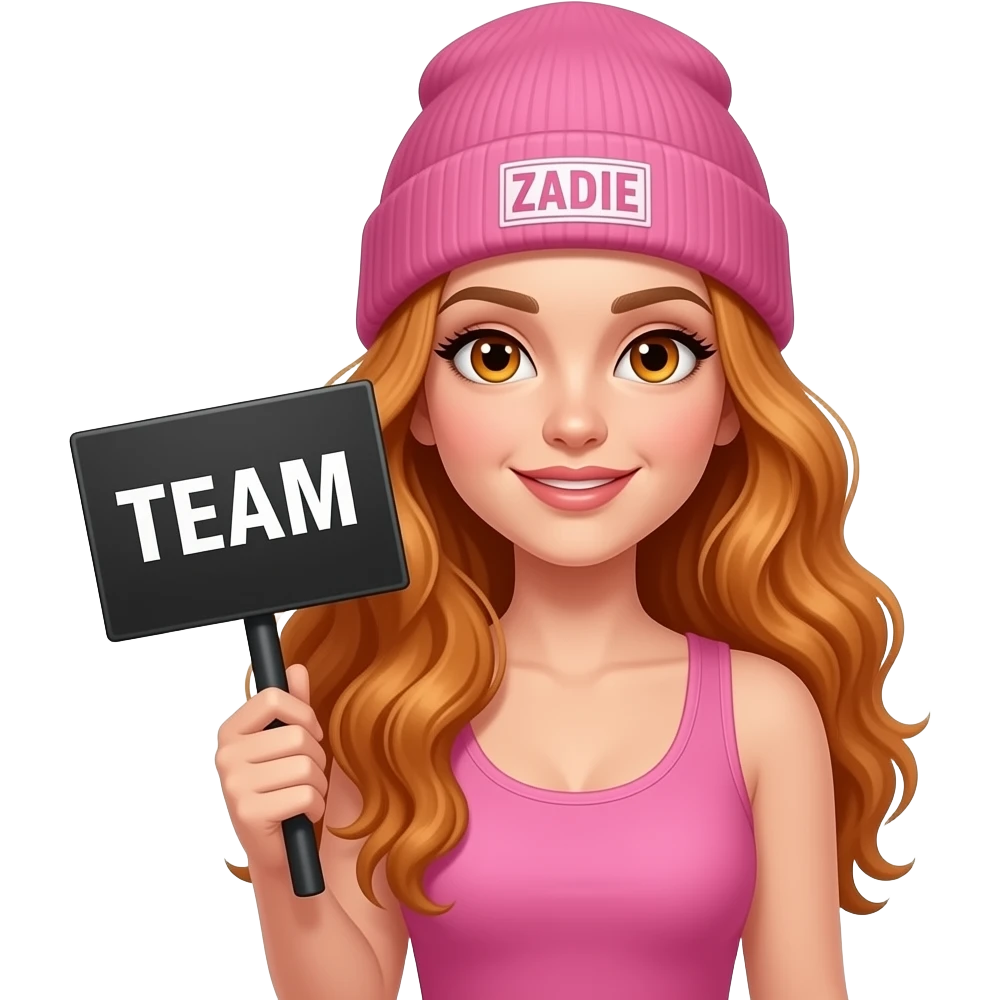 sexy girl with overlong wavy ginger hair and ginger eyes wearing a pink tanktop and a pink beanie with ZADIE written on it, is holding a black sign with TEAM written on it emoji