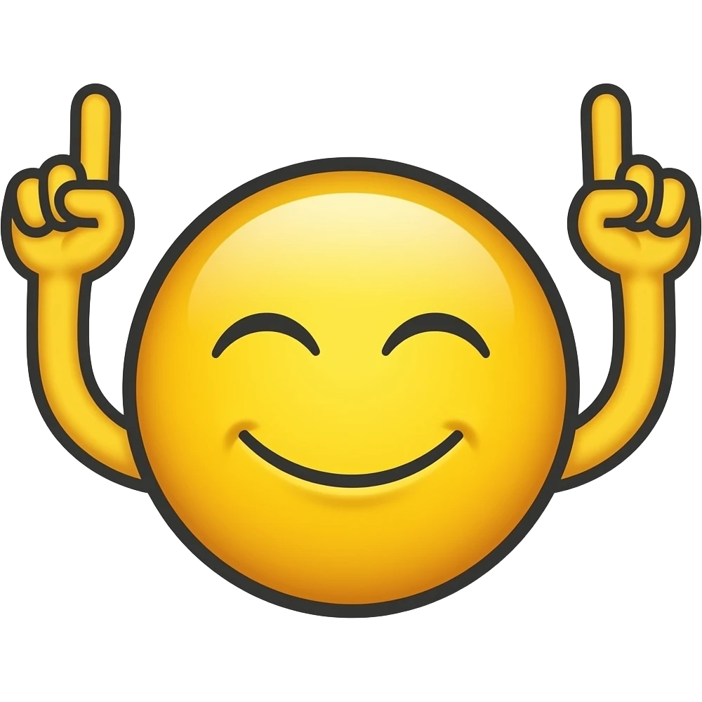 Emojis jaune souriant avec les deux bras levés vers le ciel, les index pointés vers le haut, visage souriant les yeux fermés de joie,contours noirs épais, fond blanc, style autocollant, avec l’emoji de base que la tête et le bras  sans le corps avec l’emoji de base et sans le haut de corps emoji