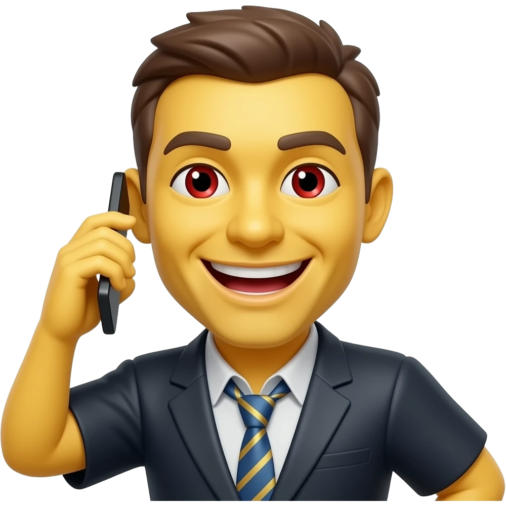 default yellow emoji holding a phone in front of him smiling with teeth and red eyes emoji