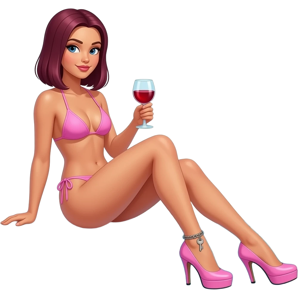 woman with burgundy, very straight shoulder-length hair, sitting by a pool, sunbathing, wearing just a baby pink bikini and baby pink 6 inch stiletto heels, holding a glass of red wine, wearing an ankle chain with a small key hanging off it on one ankle and no strap on the other emoji