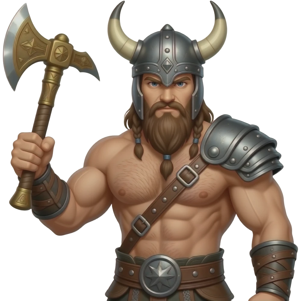 Nahaufnahme von einem Vikinger mit nackten muskulösem körper und einer behaarten und kräftigen männlichen Brust, mit Leder Riemen und Schulterpanzer aber ohne Gürtel. Er schwinkt eine Axt mit seiner rechten Hand und trägt ein Helm mit Hörnern und Bart emoji