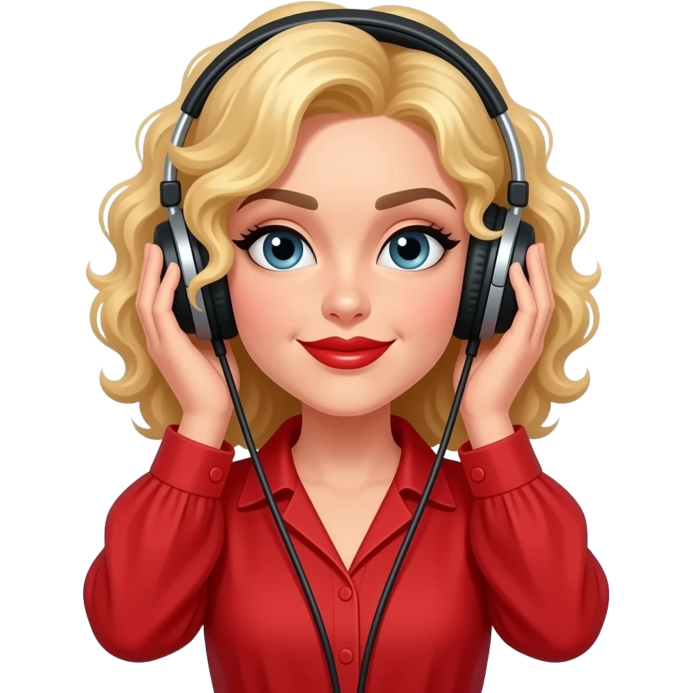 above neck Short blonde curly hair holding a homophone listening to music in a red blouse, red lipstick, black eyebrows emoji