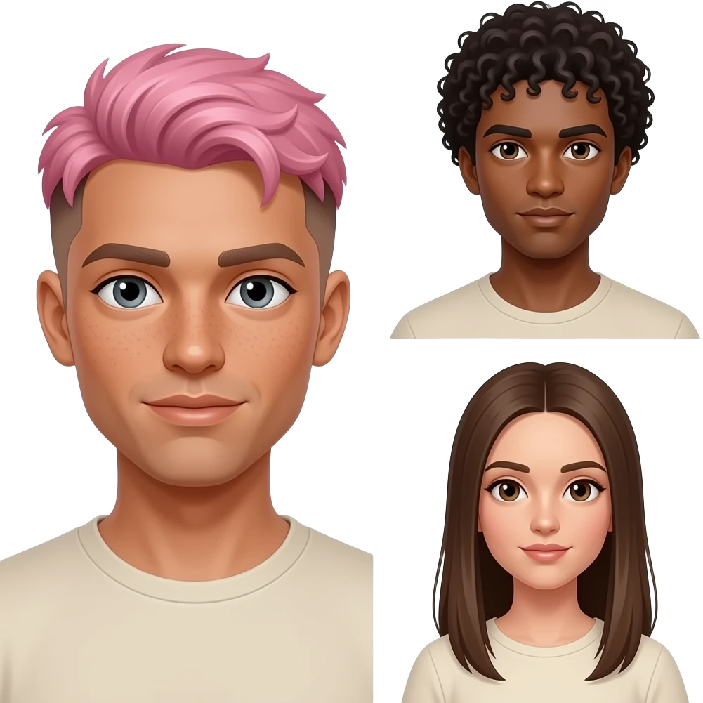 three people: short pale nonbinary person with short pink hair and a brown undercut with gray eyes and freckles, a tall olive-skinned man with light beige skin, dark brown eyes + curly hair, and a medium height woman with light beige skin, light brown straight long hair, and brown eyes emoji