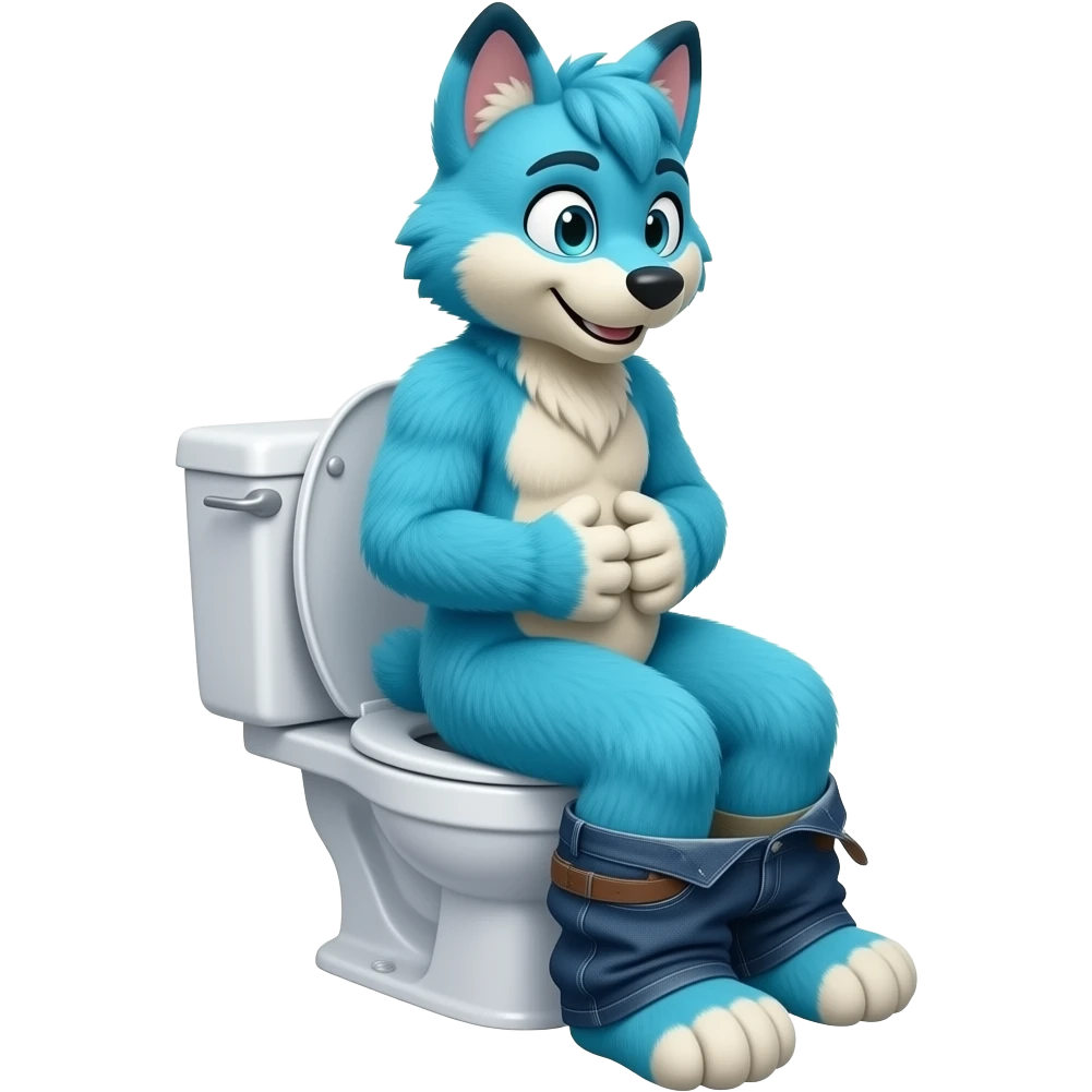 blue fursuit sitting on toilet, side view, pants down, hands on stomach emoji