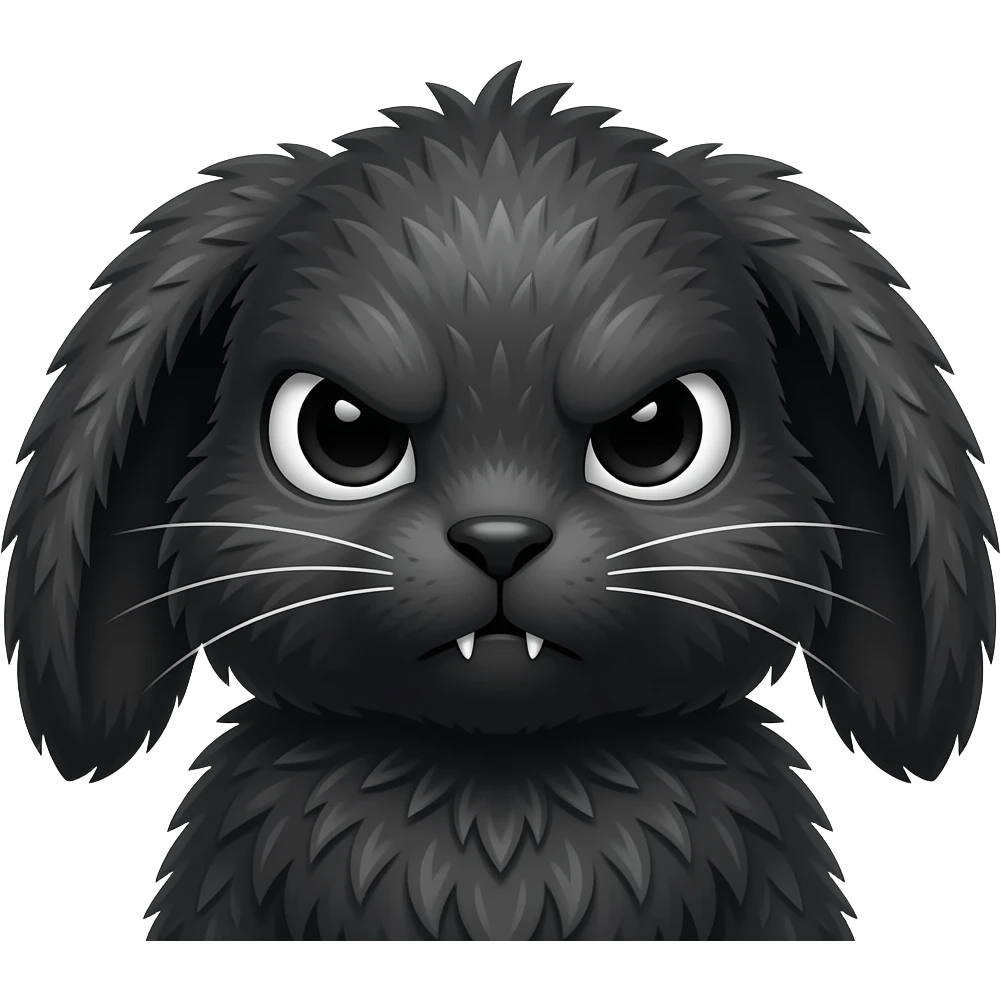 a black rabbit with a lot of fur, a wide face with piercings, drooping ears, large black eyes and eyebrows, and a stern, tired look emoji