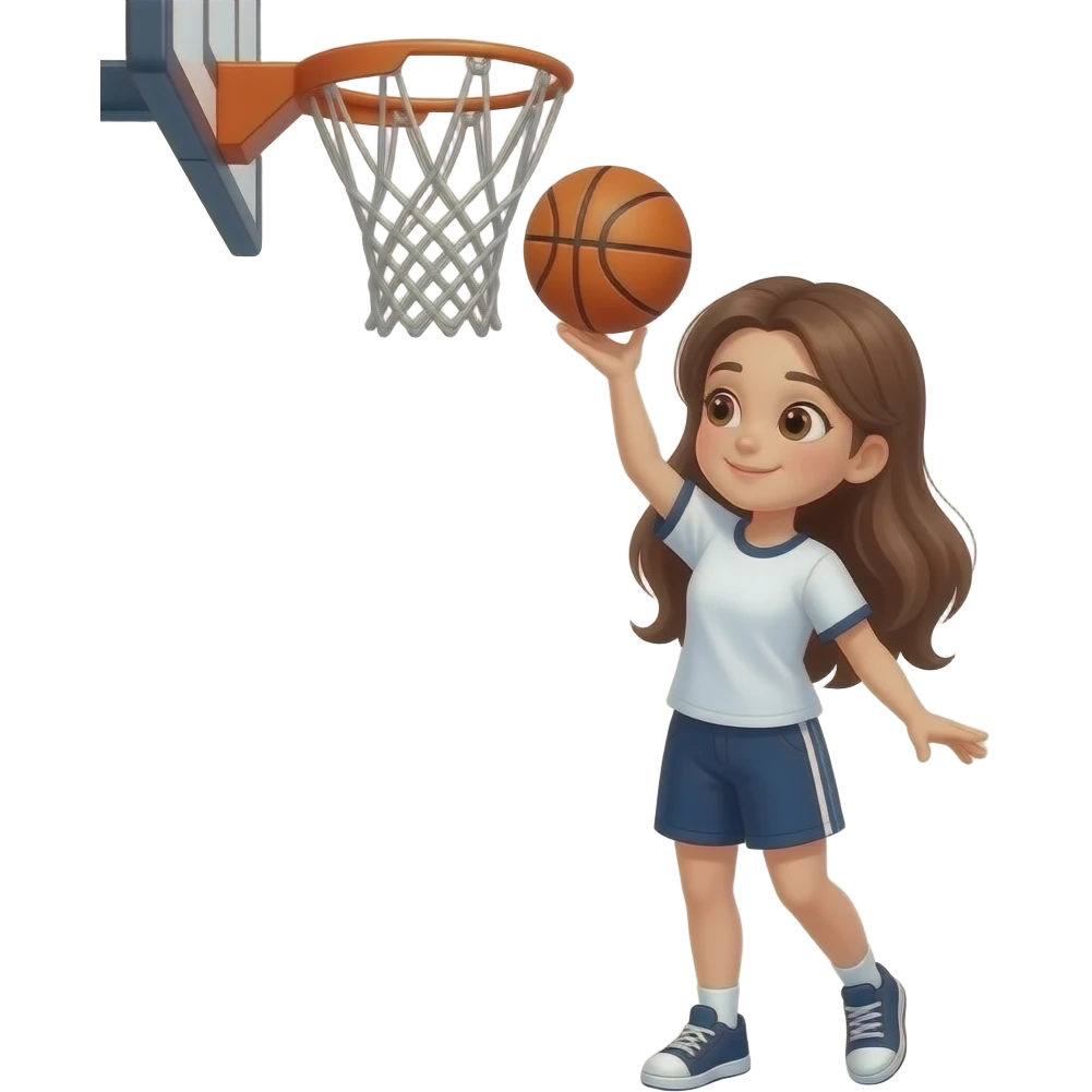 Ein mädechen mit langen haare die braun sind und sie wirft einen Basketball in den korb emoji
