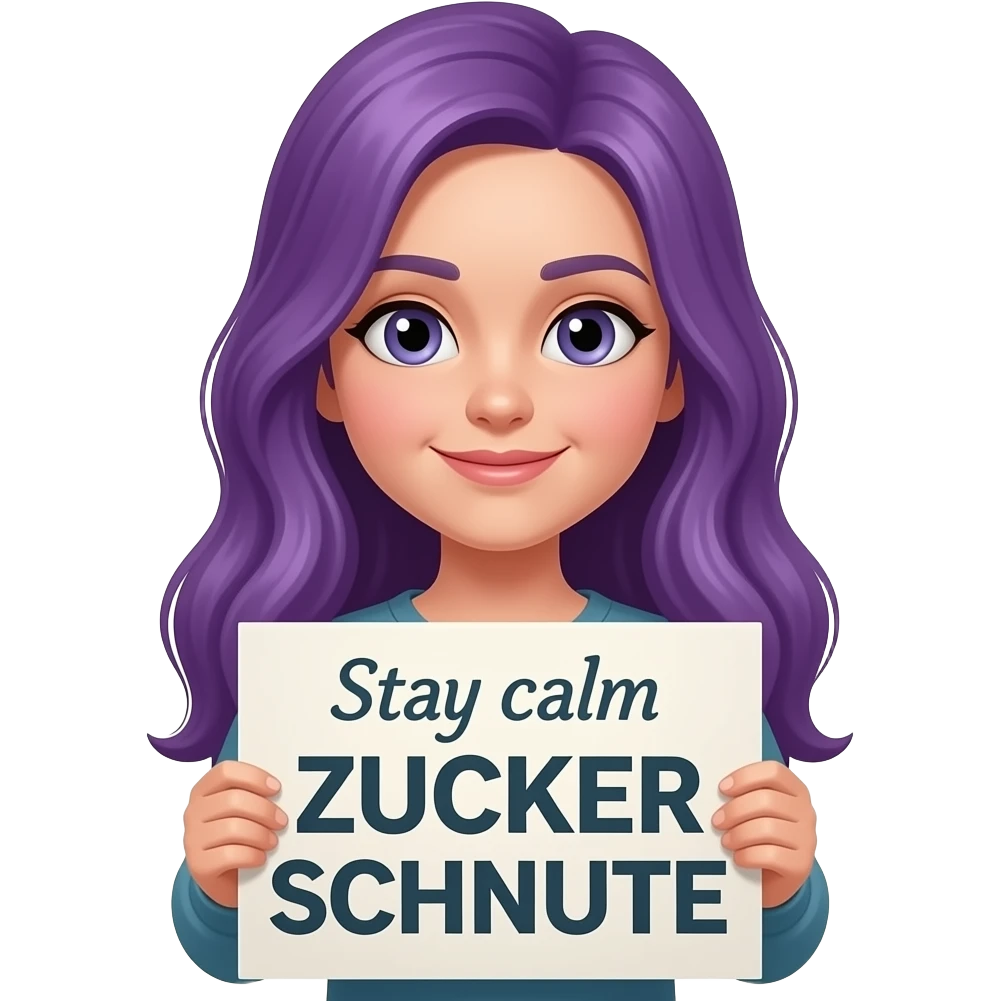 girl with long purple hair with a Stay calm ZUCKER SCHNUTE sign emoji