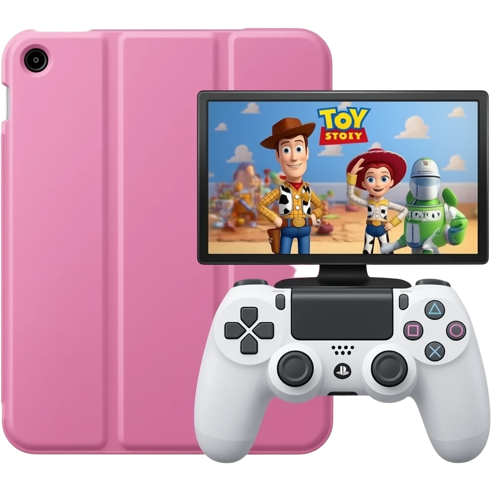 one pink tablet case ipad with games on,  and a white playstation 4 hand control, a tv with toy story on (woody and jessie) symbolizes screen time emoji