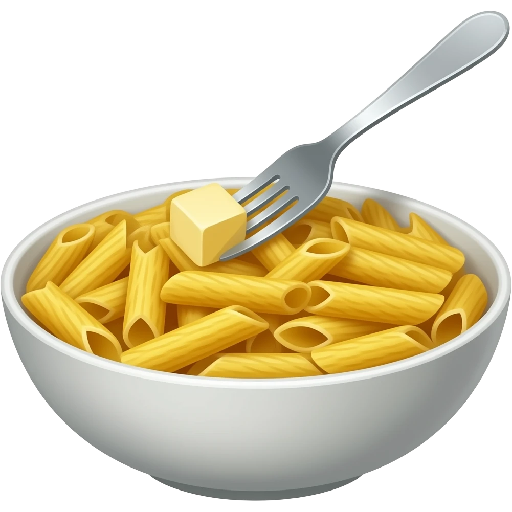 Penne noodles in a bowl with a little slab of butter in a fork emoji