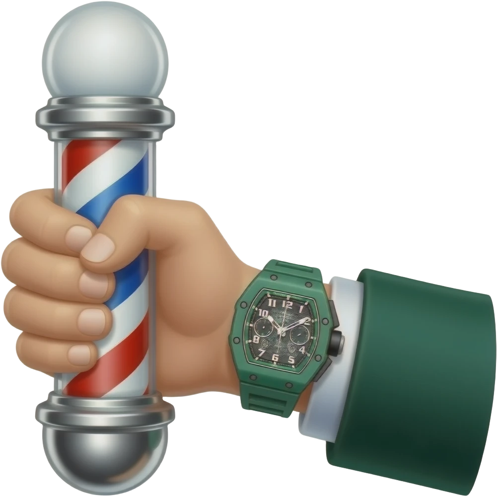 create me a hand which is holding a barber thing, and have green richard mille watch on, have green suit. Do so many details of watch and suit and the barber thing emoji