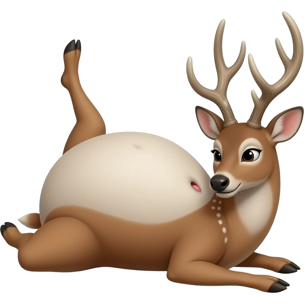 A female deer/doe is sprawling on her back unable to move,she got stuck by her own massive obese tummy,couldn’t even try defend her bellybutton from fingering tickling pokers,she is that Fat,She is too full for fun right now,that deer is going to pop. emoji