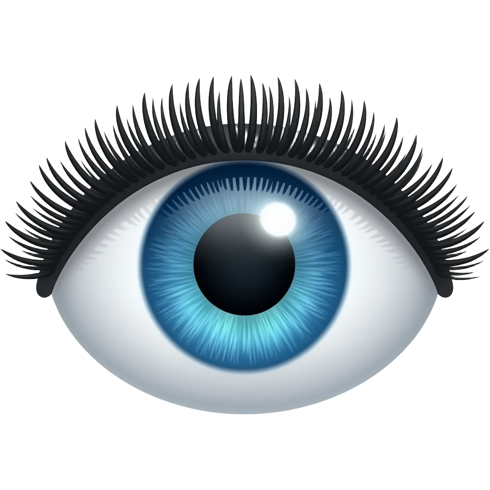 Single floating eye, 3D cartoon style, bright blue iris, large black pupil, white sclera, glossy reflection, thick eyelashes, no face no body, isolated on white background, Apple Memoji style, clean and minimal emoji