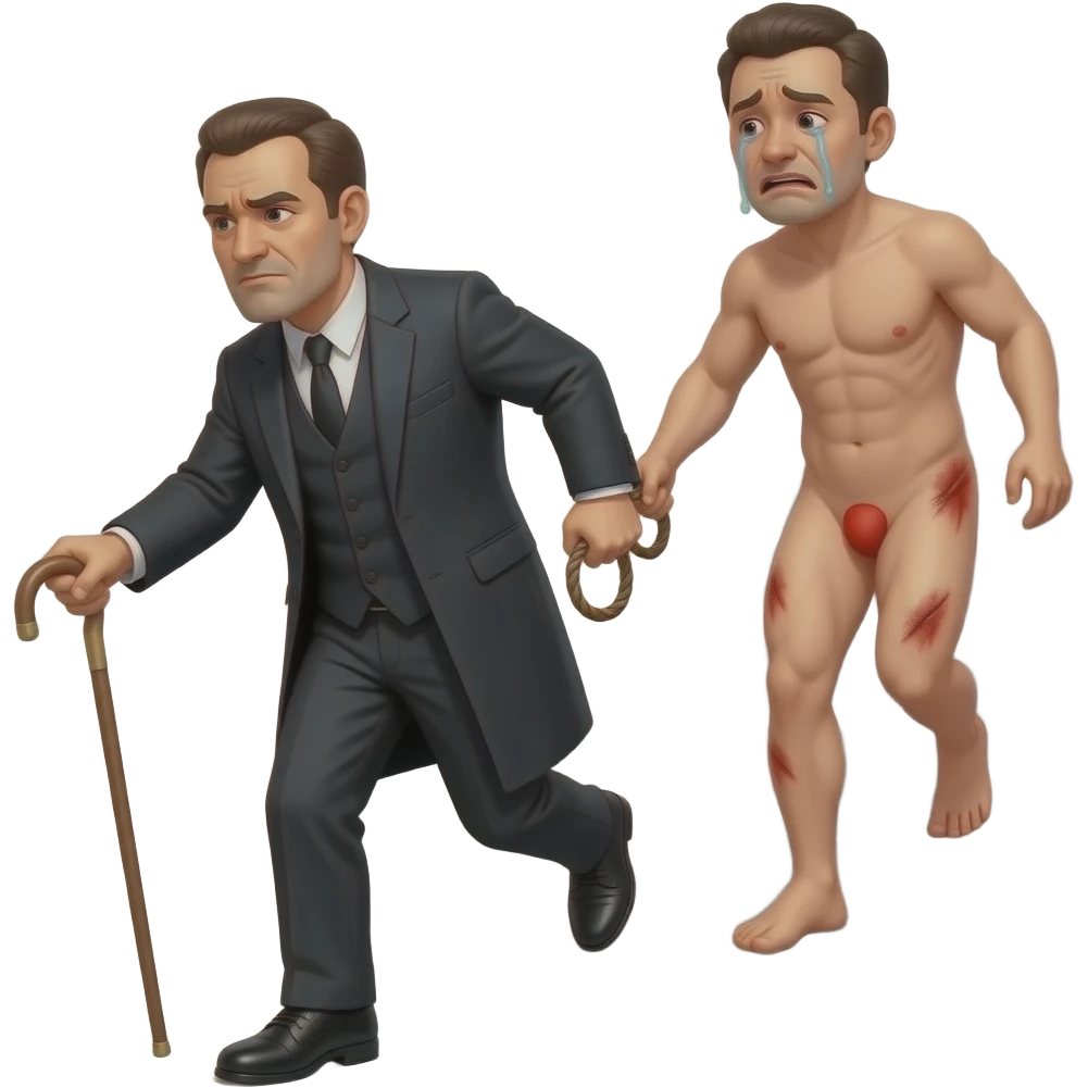 A stern clothed man with a thin whippy cane is leading by the ear and dragging behind him, a reluctant, crying, naked man up a flight of stairs, walking up towards the top,by the ear, his red buttocks are very bruised. The scene is violent.. emoji