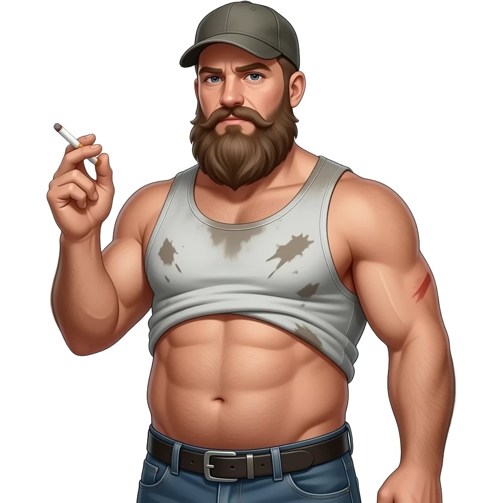 Erstelle ein Portrait von einem nackten Trucker, Körper stark behaarten, ein über den Bauch gezogenes, verschwitztes hellgraues, dreckigen enges tangtop, wo der runde dicke Bauch raus hängt. er hat ein langen Bart und einen altes basecap und er hält eine Zigarette in der Hand emoji