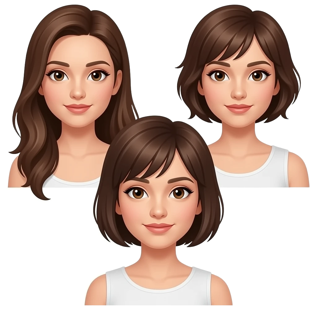 Las 3 chicas blancas, una con pelo largo castaño, otra con el pelo corto castaño, otra con el pelo más cortito castaños, ojos castaño de las 3 emoji