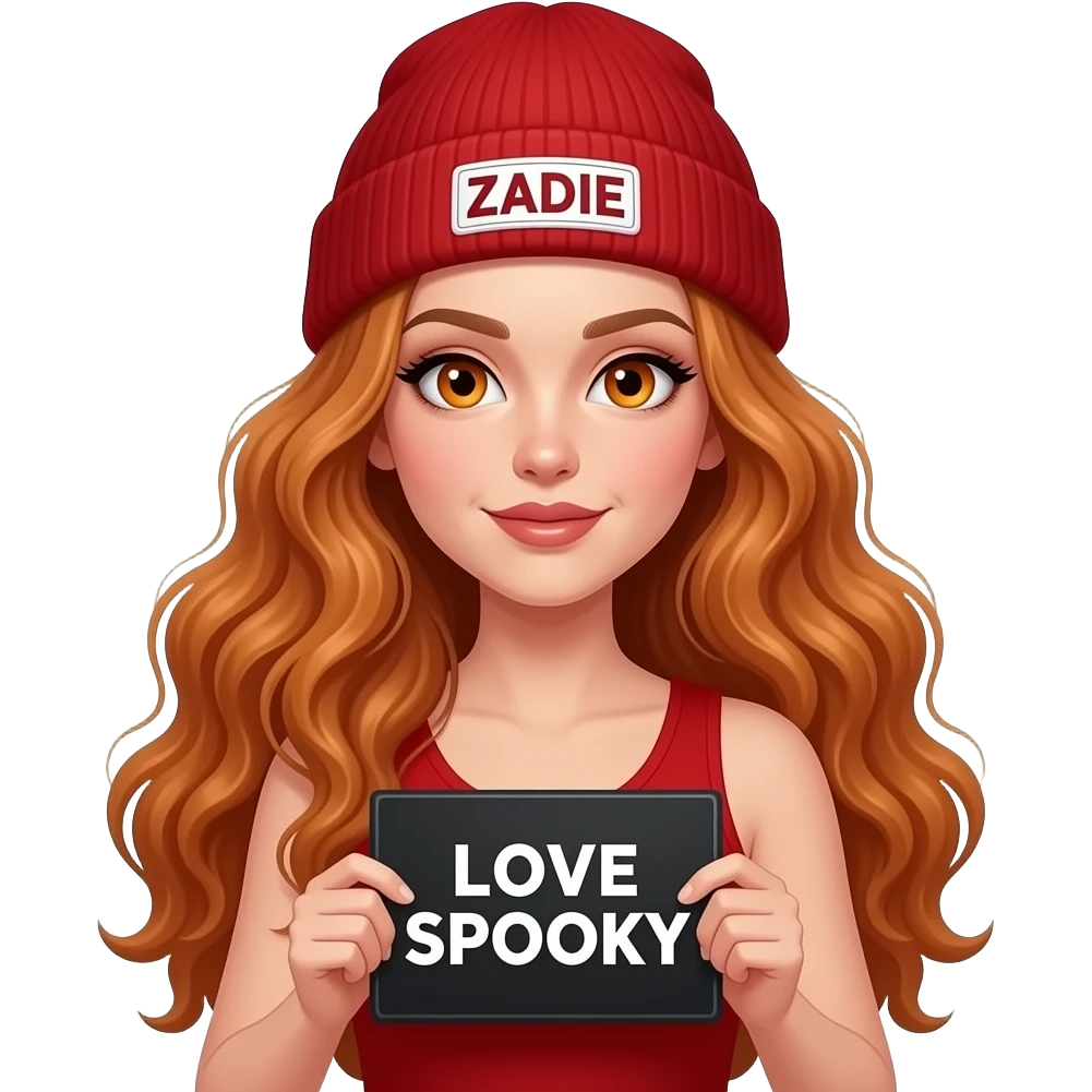 sexy girl with overlong wavy ginger hair and ginger eyes wearing a red tanktop and a red beanie with ZADIE written on it, is holding a black sign with LOVE SPOOKY written on it emoji
