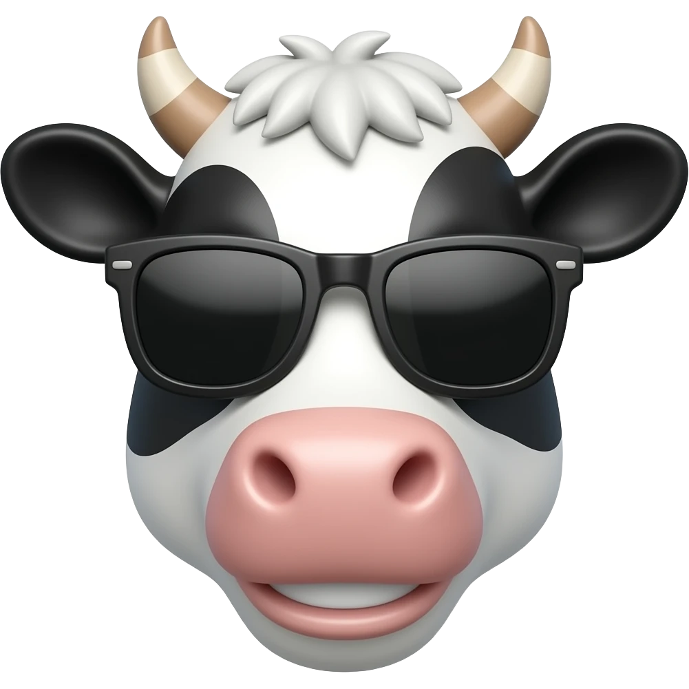 Cool cow emoji wearing sunglasses, confident smile, black and white cow pattern, modern 3D emoji style, fun sticker icon emoji