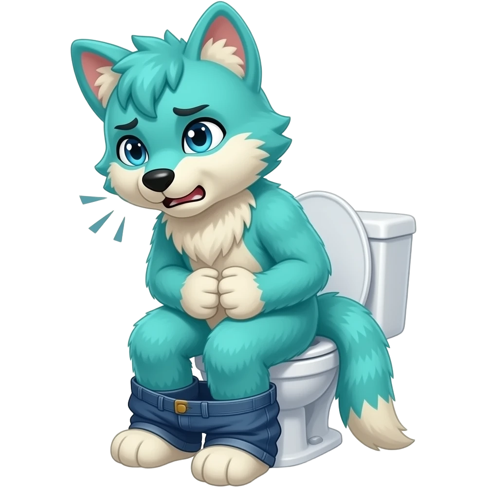 cyan fursuit sitting on toilet,  pants down, pushing, straining face,  uncomfortable, constipation , emoji
