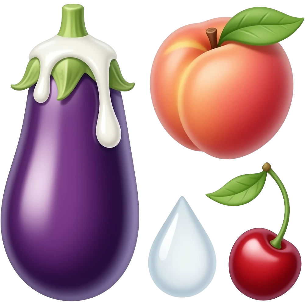 border on the edge of egg plant with white sap coming out of the tip emojis and peach emojis and white water droplet emojis and cherry emojis emoji