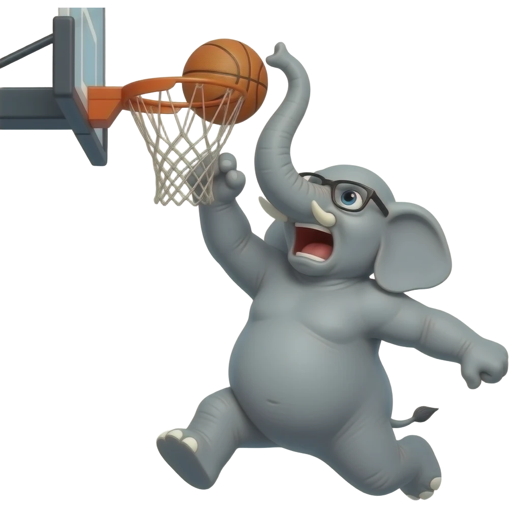 un elefante con brazos humanos jugango basket haciendo una clavada al aro y gritanto muy fuerte y enojado con lentes y mucho flow emoji