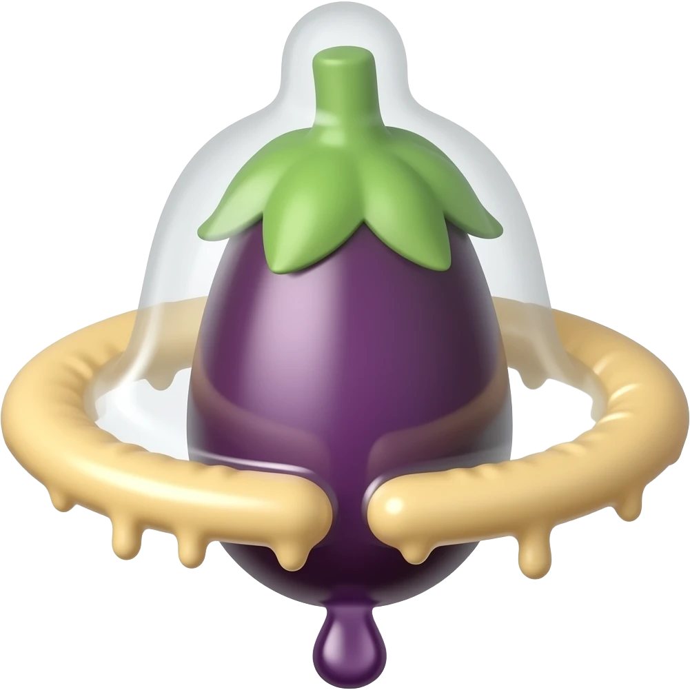 Über die Spitze einer Aubergine ist ein Kondom drüber gezogen, es ist glänzend und tropft an der spitze emoji