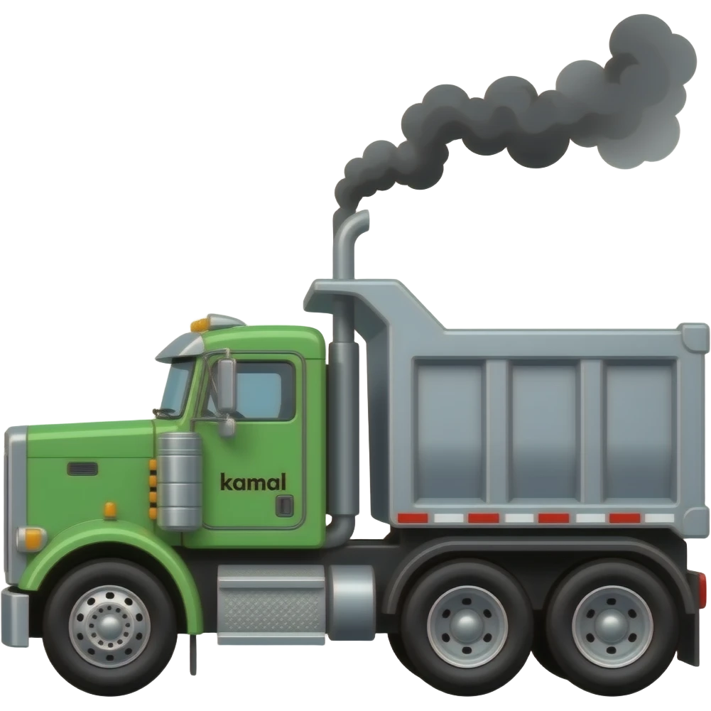 A peterbelt dump truck  emoji dump trailer with black smoke Out of exhausted pipe and a green truck and says kamal on the side only 1 truck with kamal on the side make that 1 truck green but a grey tralier emoji