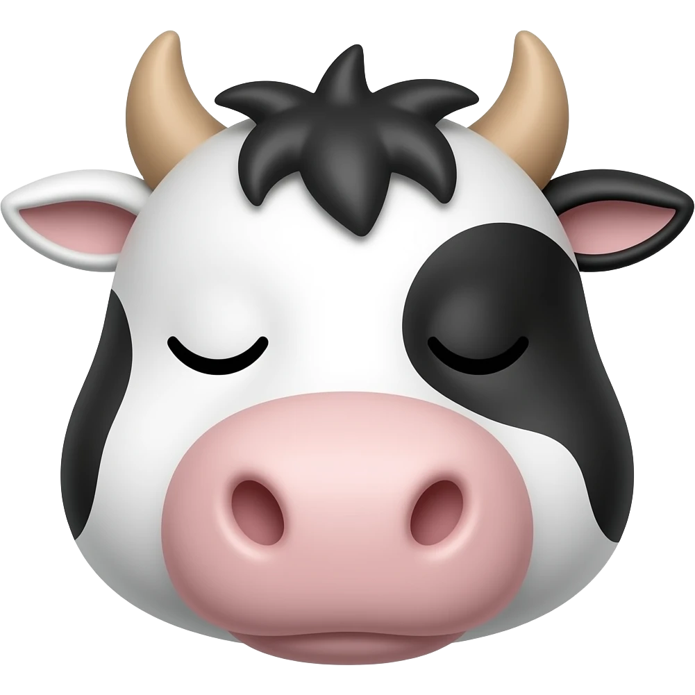 Sleepy cow emoji, half-closed eyes, calm cute face, small pink nose, soft rounded shape, cozy cartoon emoji style emoji