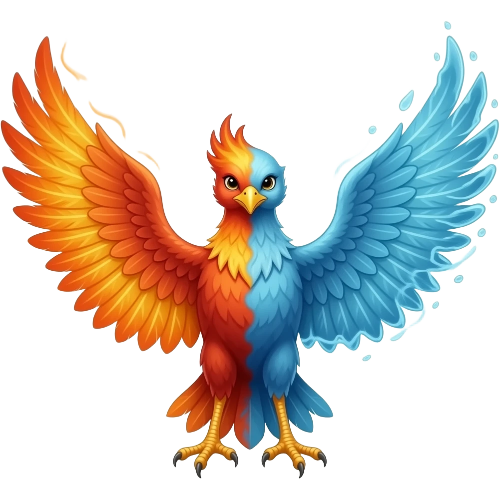 A realistic phoenix made of smoke on the left side and water on the other side facing the camera. NO fire emoji